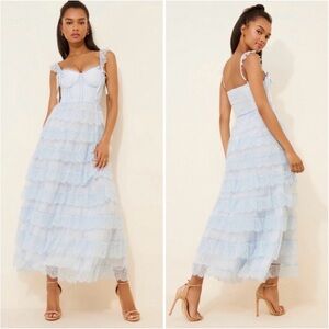 Amy Jane London Adessa Light Blue Ruffle Floral Lace Maxi Dress